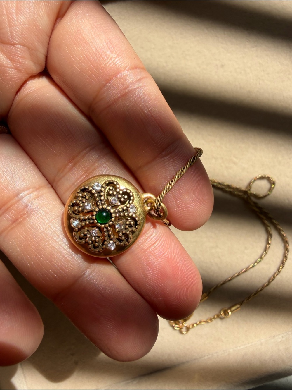 Gold-Tone Vintage Floral Locket Necklace with Green Center Stone